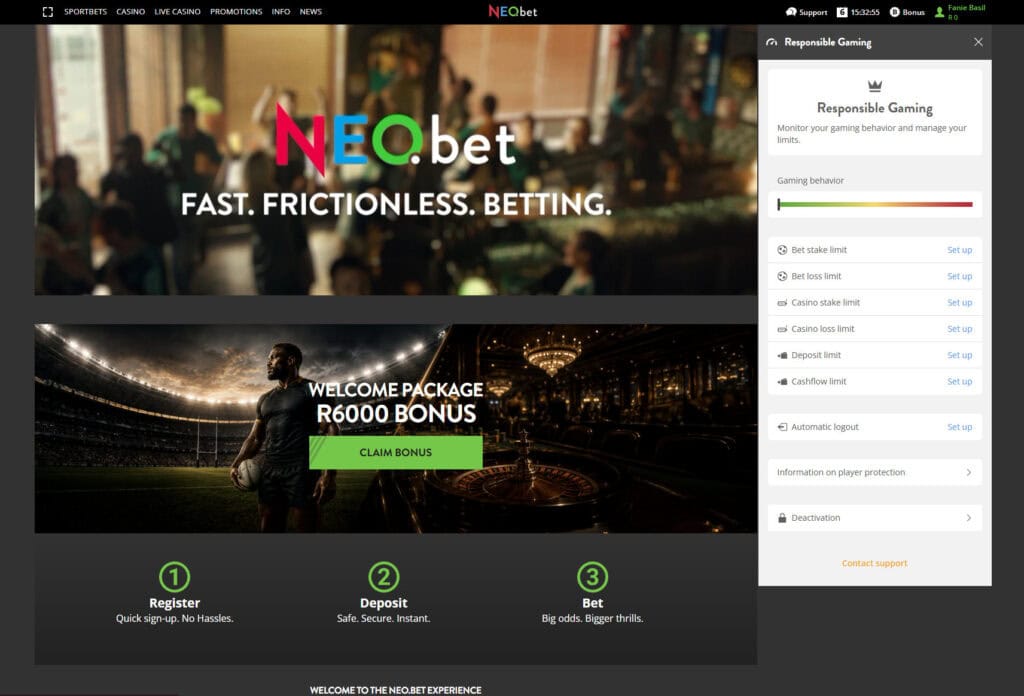 NEObet South Africa responsible gambling tools preview