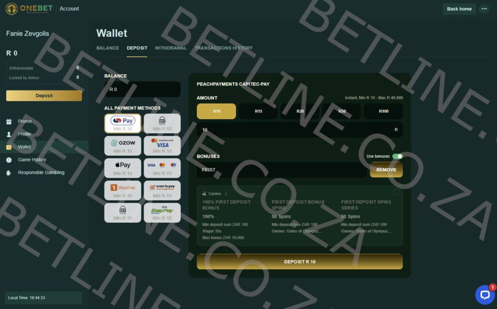 OneBet South Africa deposit methods preview