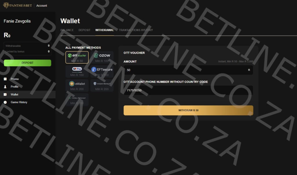 PantherBet South Africa withdrawal method preview