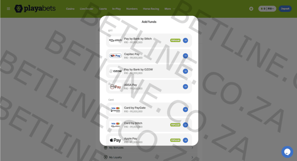 Playa Bets South Africa deposit methods preview