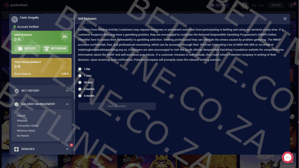 Pokerbet South Africa self exclusion controls preview