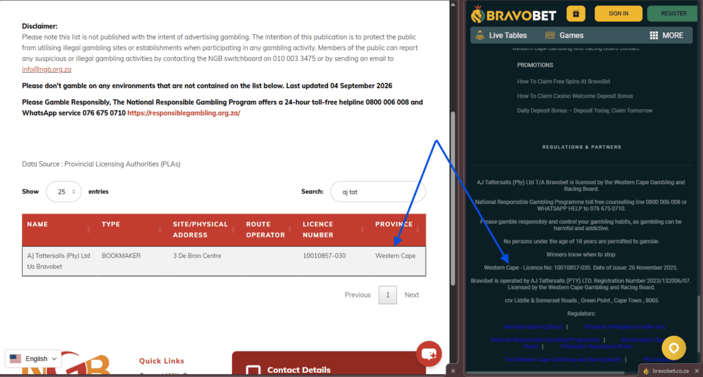 Check the Province and Licence Type on the national gambling board verified operators portal