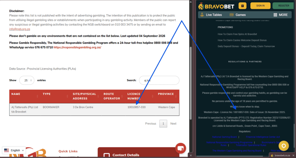Image indicating where to compare the licence number of a betting site on the national gambling board verified operator portal