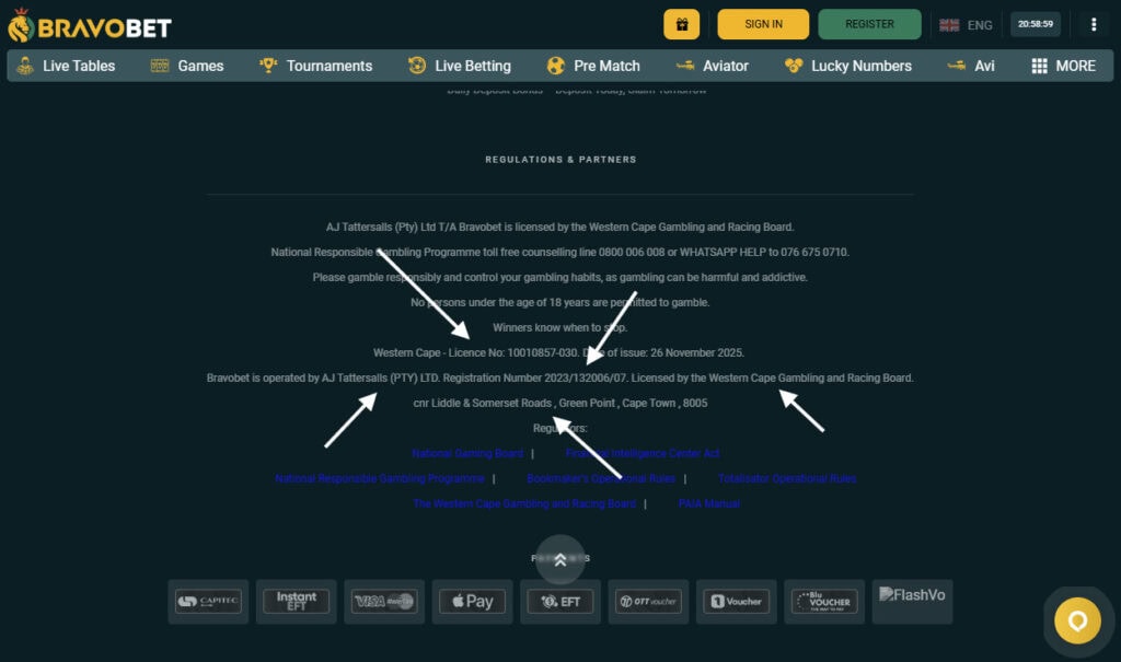 Image showing where to find a betting sites regulatory information with arrows