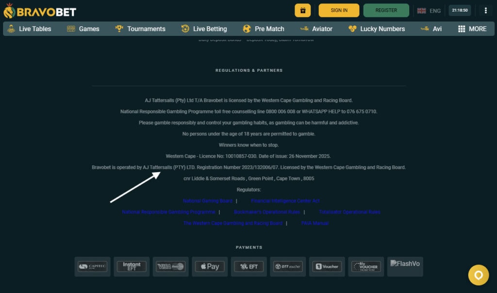 screenshot with an arrow showing the licensed company name of a betting site
