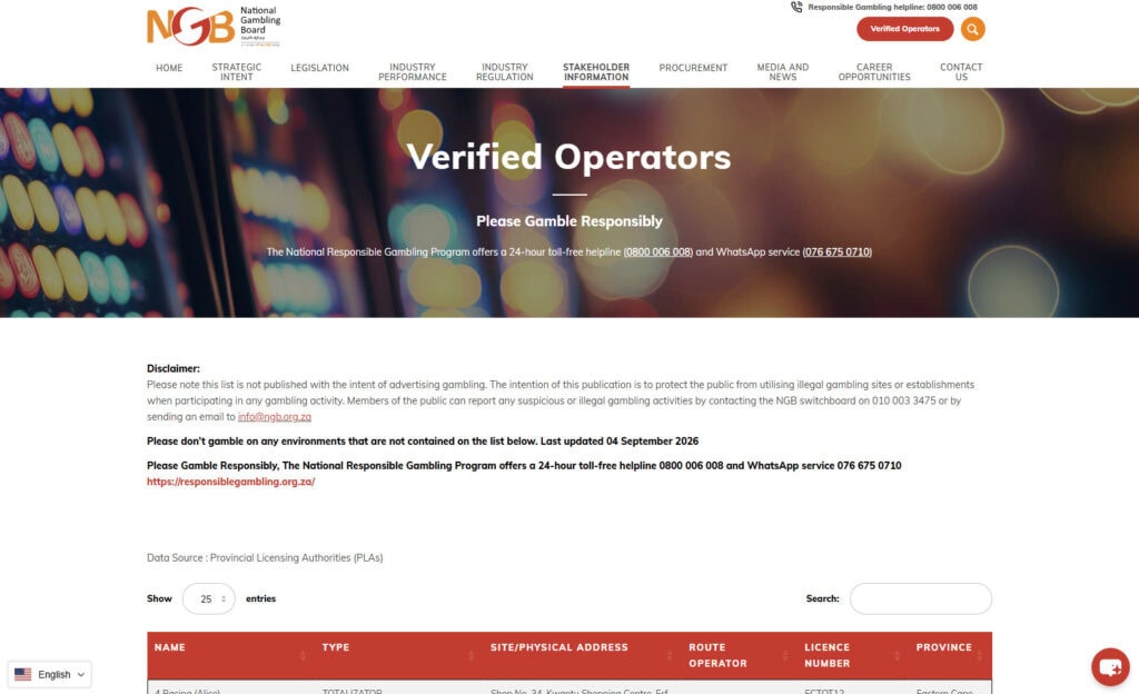 National Gambling Board verified operator portal page preview
