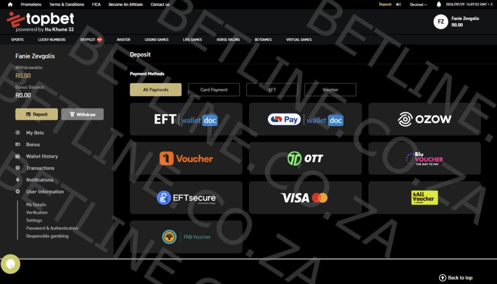 Topbet South Africa deposit methods preview