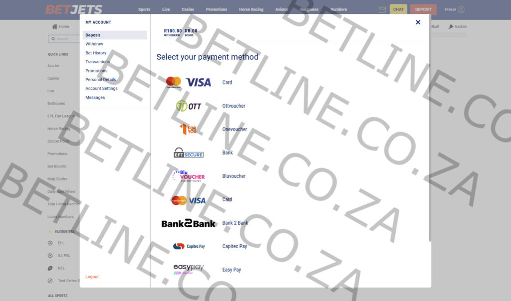 BetJets South Africa deposit methods preview