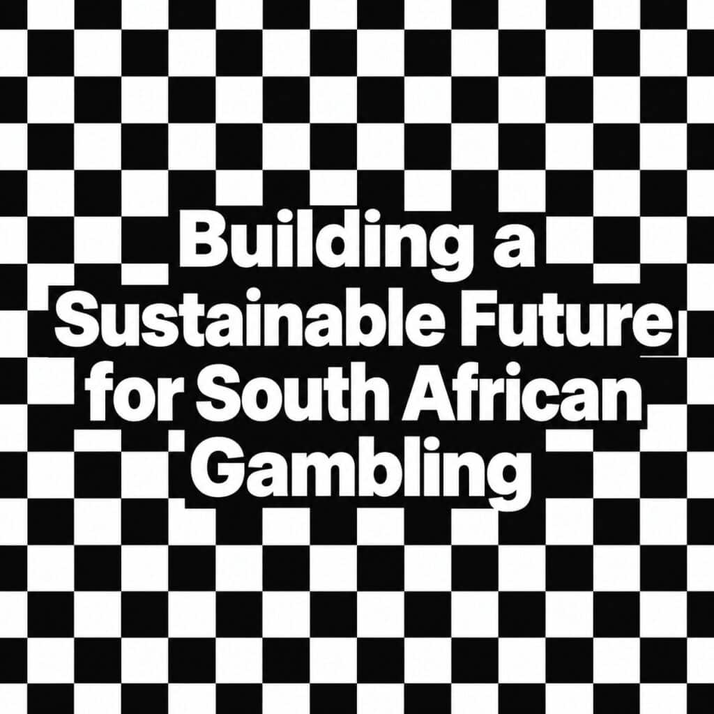 Building a Sustainable Future for South African Gambling text with black and white chequered background