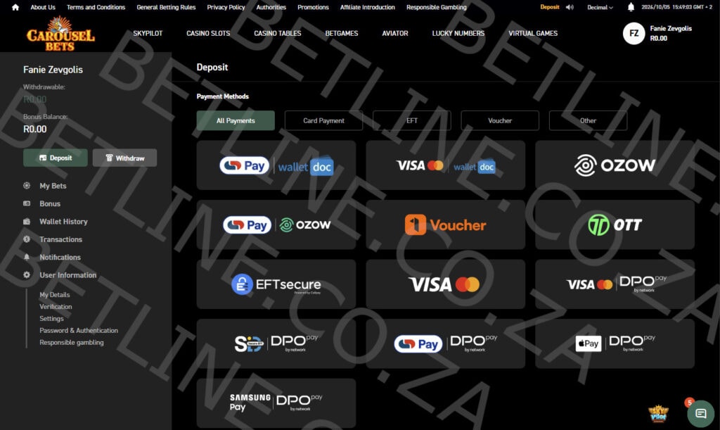 Carousel South Africa deposit methods preview